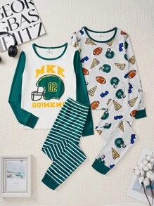 2pcs/Set Tween Boys Casual Football Pattern Ribbed Snug Fit Loungewear Set - Deep Green & Heather Grey - Multicolor - View 1
