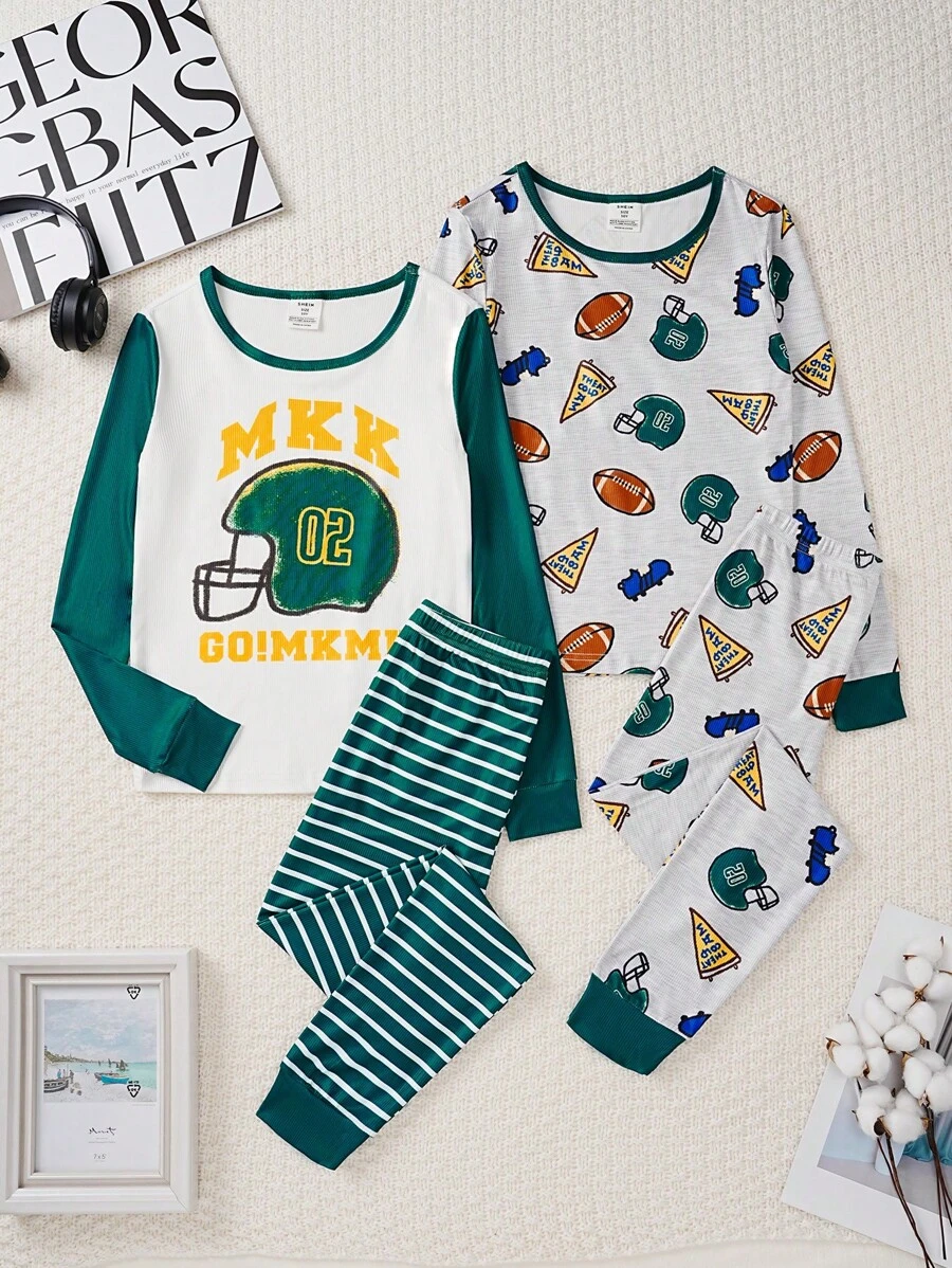 2pcs/Set Tween Boys Casual Football Pattern Ribbed Snug Fit Loungewear Set - Deep Green & Heather Grey - Multicolor - View 1