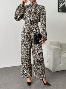 Chiquease Women's Casual Leopard Print Keyhole Back Jumpsuit With Stand Collar And Waist Cinch, For Autumn - Khaki - View 4