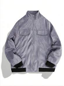 Manfinity Homme Áo khoác nam tay dài màu trơn có khóa kéo phía trước, túi giả thường ngày, quà tặng cho bạn trai - Xám - Xem 1