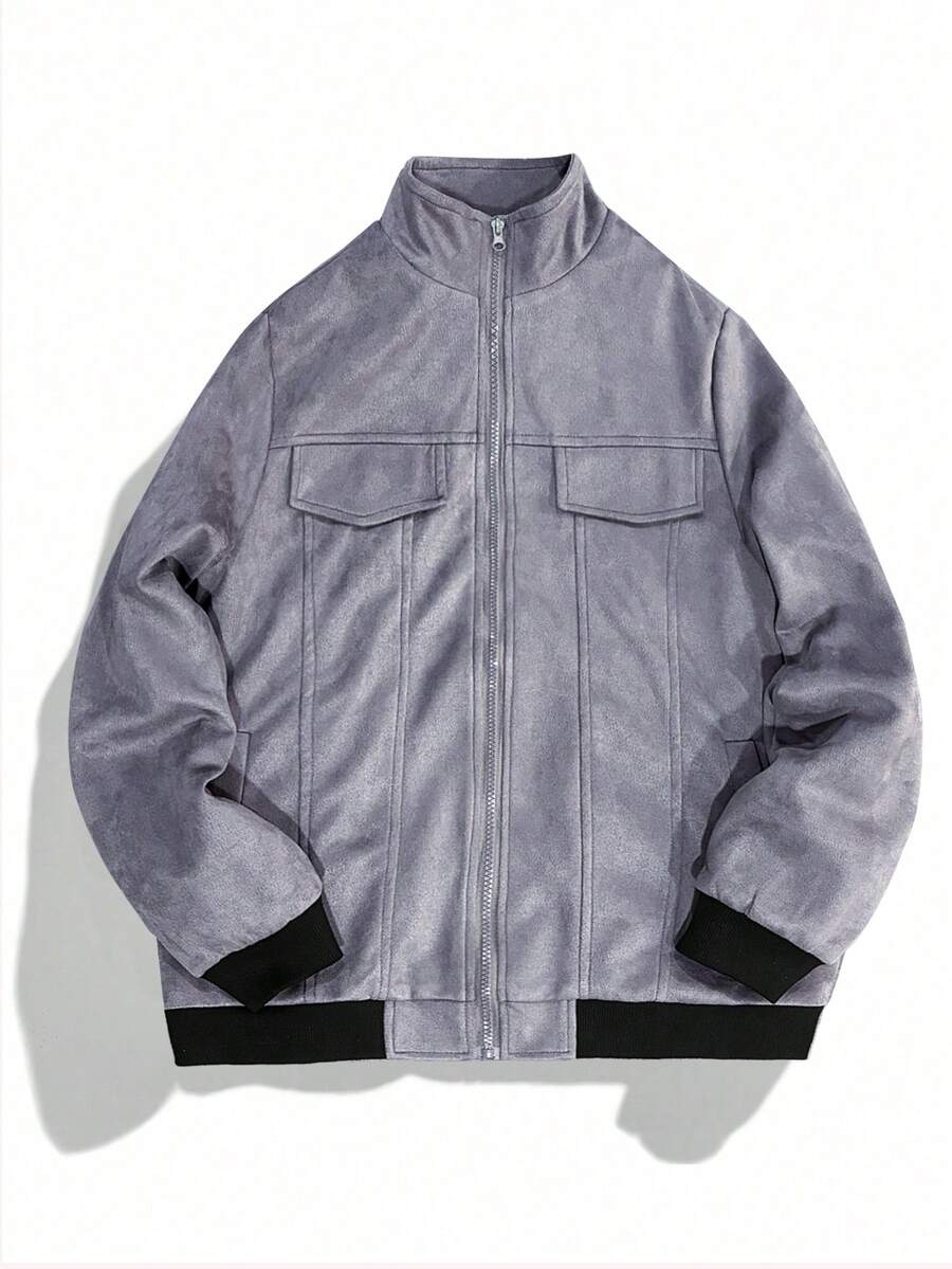 Manfinity Homme Áo khoác nam tay dài màu trơn có khóa kéo phía trước, túi giả thường ngày, quà tặng cho bạn trai - Xám - Xem 1