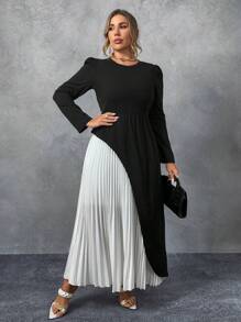 Flirla 大码双色喇叭袖褶边连衣裙，春/秋