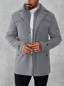 Manfinity Mode Men's Long Sleeve Solid Color Zip Front Casual Loose Grey Overcoat, Autumn, Men Outerwear, Old Money - Light Grey - View 3