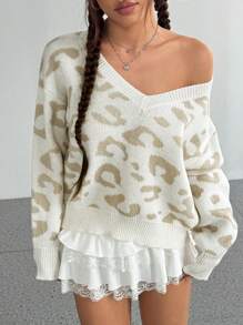 Flirla 1 pieza Suéter de punto con cuello en V y estampado de leopardo, de corte holgado, para uso casual diario en otoño e invierno - Multicolor - Ver 7