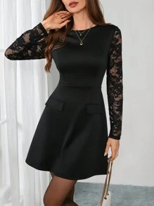 Gownix Women's Solid Color Flap Detail A-Line Lace Long Sleeve French Retro Style Black Dress  Long Sleeve Dress - Black - View 8