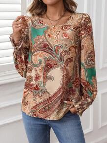 SHEIN LUNE Women Pattern Long Sleeve Shirt With Rolled-Up Sleeve Cuffs Peplum Top - Multicolor - View 3