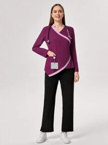 TaskEZ Colorblock Wrap Top And Pants Nursing Scrub Uniforms Set - Multicolor - View 4