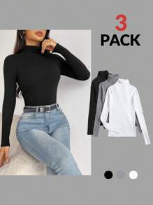 SHEIN PETITE Women Casual High Neck Solid Color Ribbed Knit Sweater, Autumn/Winter