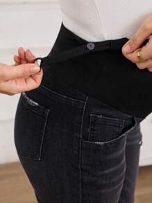 SHEIN Maternity Adjustable Waist Ripped Casual Flare Leg Jeans - Black - View 7