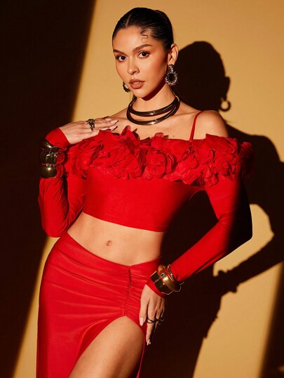 Lumalex Camiseta ajustada de manga larga con aplicaciones florales, hombros descubiertos y espalda descubierta, apta para usar en otoño, invierno, Acción de Gracias, Año Nuevo, festivales de música rave y eventos formales para mujeres