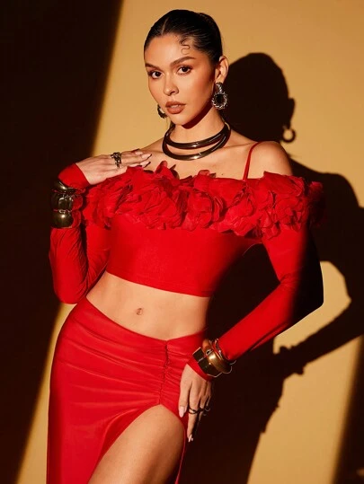 Lumalex Fall Winter Thanksgiving New Years Thanksgiving Rave Festival Formal Off Shoulder Floral Applique Long Sleeve Skinny Backless T-Shirt For Women