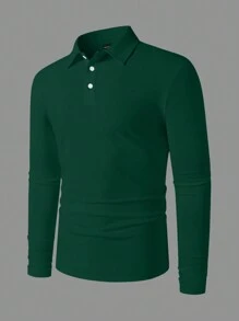 Manfinity Homme Men's Solid Color Long Sleeve Casual Commuter Polo Shirt, Autumn - Dark Green - View 3