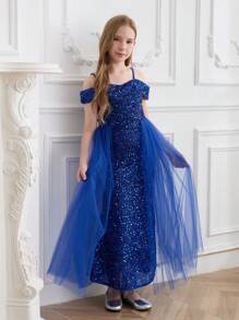 SHEIN 优雅蓝色细肩带连衣裙，适合少女穿着，无袖长款正式礼服，适合晚会、万圣节、圣诞节、生日、节日等场合 - 藍色 - 查看 7