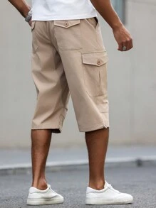 Manfinity Homme Quần short nam màu trơn có túi phong cách đơn giản Quần short thời trang giản dị, trang phục hàng ngày - Màu Khaki - Xem 2