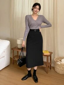 DAZY 女士纯色后开衩铅笔裙 - 黑色 - 查看 5