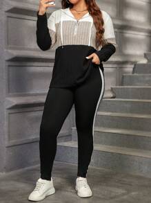 SHEIN LUNE 2pcs Plus Size Solid Color Contrast Zip-Up Hoodie Top And Pants Casual Set Winter Clothes