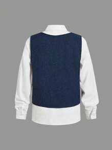 3pcs/Set Kids/Tween Boys College Style Uniform Vest, Solid Color Lapel Long Sleeve Shirt With Necktie, And Straight Solid Color Pants, Gentleman Suit Set - Multicolor - View 2