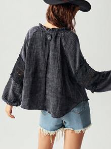 Bohemela 1 件女式休闲纯色宽松圆领长袖衬衫 - 黑色 - 查看 2