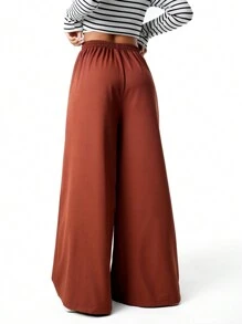 SHEIN Teen Girls Elegant Pleated Wide Leg Pants - Burgundy - View 2