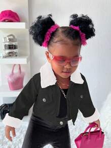 SHEIN 女宝宝厚绒毛领 PU 皮革短夹克外套，保暖冬季外套 - 黑色 - 查看 8