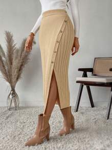SHEIN LUNE Women Button Front High Slit Ribbed Knit Sweater Skirt