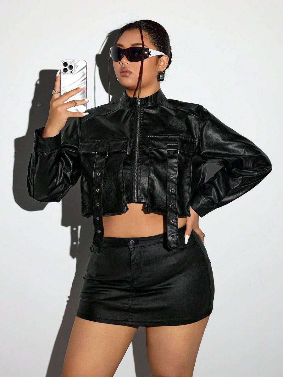 SHEIN ICON Plus Size Women Solid Color Eyelets & Ribbon Decor Cropped Casual PU Jacket For Autumn - Black - View 1