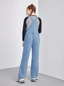 Tween Girl 休闲百搭简约个性街头印花水洗舒适蓝色牛仔连体裤和背带裤，四季百搭 - 中等水洗藍 - 查看 2