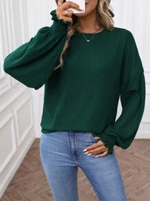 SHEIN LUNE Women's Casual Home T-Shirt With Ruffle LED Lantern Sleeves Green Round Neck For Winter New Year Christmas Women's Clothing - Green - View 6
