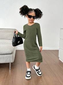 SHEIN SLAYR KIDS SLAYR KIDS Đầm midi cổ chữ V cho bé gái Mommy & Me, co giãn và thoải mái cho bé gái/bé gái, tuyệt vời để mặc thường ngày và hàng ngày cũng như đi học hàng ngày vào mùa xuân và mùa thu, phù hợp cho mẹ và con gái, phù hợp cho chị em và tôi - màu xanh lá - Xem 2