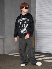 Tween Boy 街头风格人物肖像宽松连帽衫和休闲裤套装 - 黑色 - 查看 6