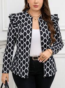 SHEIN Clasi 大码几何图案荷叶边下摆拉链夹克，秋冬 - 黑色 - 查看 1