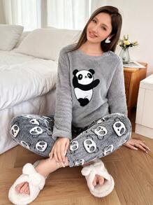 Women's Panda Embroidery Soft & Warm Fluffy Pajama Set For Autumn/Winter, Fall Winter Clothes, Cozy - Multicolor - View 1