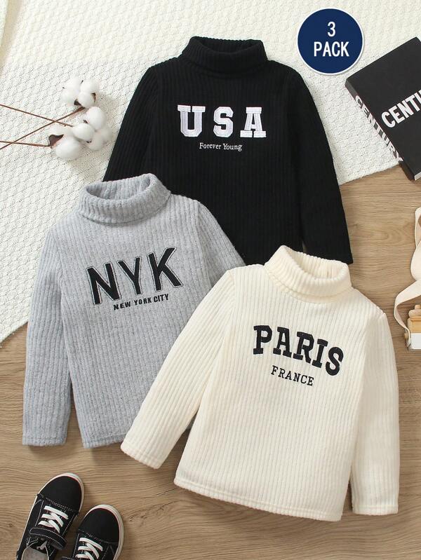 Set de 3 camisetas de manga larga con cuello alto, estampado de letras y colores variados, para niño, para otoño