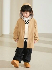 SHEIN 1 件年轻男童休闲可爱连帽格子印花风衣，适合旅行、上学、秋冬季 - 卡其色 - 查看 3