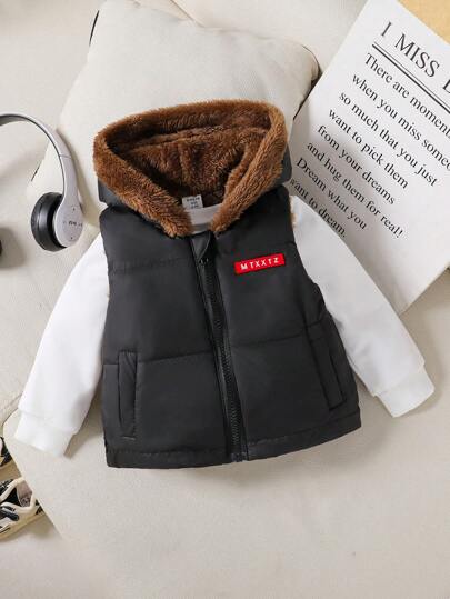 Bebek Erkek Çocuk Harfli Yama Detaylı Sevimli Kulaklı Kapşonlu Teddy Polar Yelek Dolgulu Mont Sonbahar Kış, 2024 Kış Koleksiyonu, Basit Ama Şık, Rüzgar Geçirmez, Rahat