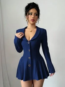 Elenzga Women's Ruched Sweetheart Neck Long Line A-Line Blazer - Navy Blue - View 4