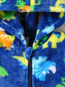 新生男宝宝可爱恐龙图案抓绒3D设计连帽拉链长袖连体衣，萌萌的恐龙风穿搭，适合室内外穿着 - 藍色 - 查看 5