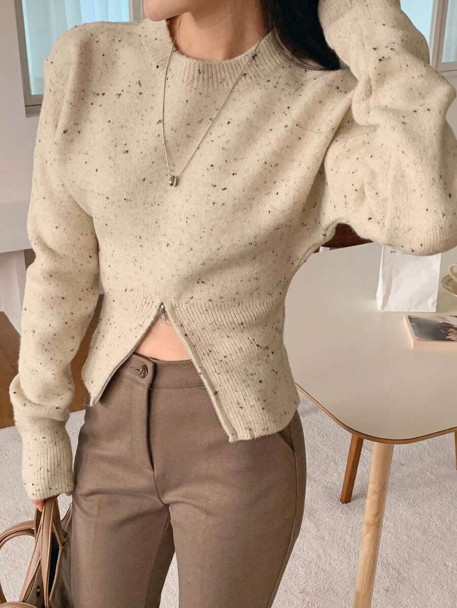 DAZY 女式超大荷叶边下摆长袖花卉雪纺毛衣秋季