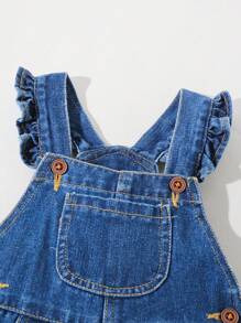SHEIN Playful Pals 女宝宝可爱休闲洗水牛仔背带裤 - 中等水洗藍 - 查看 3