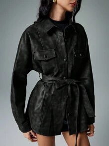 Poéselle 女士皮夹克 PU 夹克 纽扣前口袋 纯色 系带 长袖 常规外套 秋季女装 工装裤 冬季女装 复古外套 商务休闲女士秋装 冬季夹克 女士外套 女士冬装 - 黑色 - 查看 7