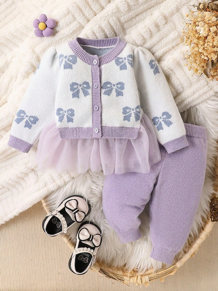 Baby Girls' Fashion Cute Bow Mesh Splicing Knitted Sweater Set - Multicolor - View 1