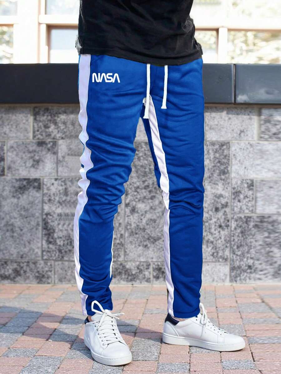 Manfinity Homme Quần nỉ bó sát in chữ màu trơn phong cách thể thao thường ngày cho nam - Xanh đậm - Xem 1