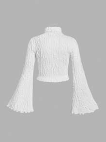 SHEIN MOD 大码女式纹理高领喇叭袖基本款 T 恤，秋季休闲日常穿着 - 白色 - 查看 2