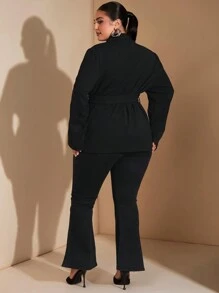 SHEIN BAE Chaqueta de traje de manga larga con cintura anudada, elegante y de talla grande, para otoño e invierno, Navidad, Acción de Gracias, fiestas, blazers de mujer de talla grande, estilo casual de negocios, traje, vestimenta formal, abrigo de piel, traje de trabajo, elegante, blazer curvo largo, blazer de frente abierto