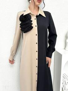 Modelyn Abito lungo da donna con maniche lunghe, modesto, con fiori 3D e colorblock, abito lungo da sera stile arabo