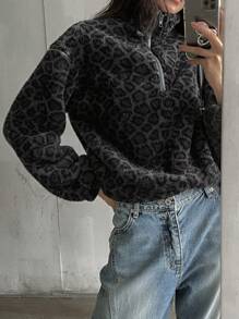 DAZY Casual Leopard Print Fleece Sweatshirt, Fall/Winter,Long Sleeve Tops,Fleece Lined