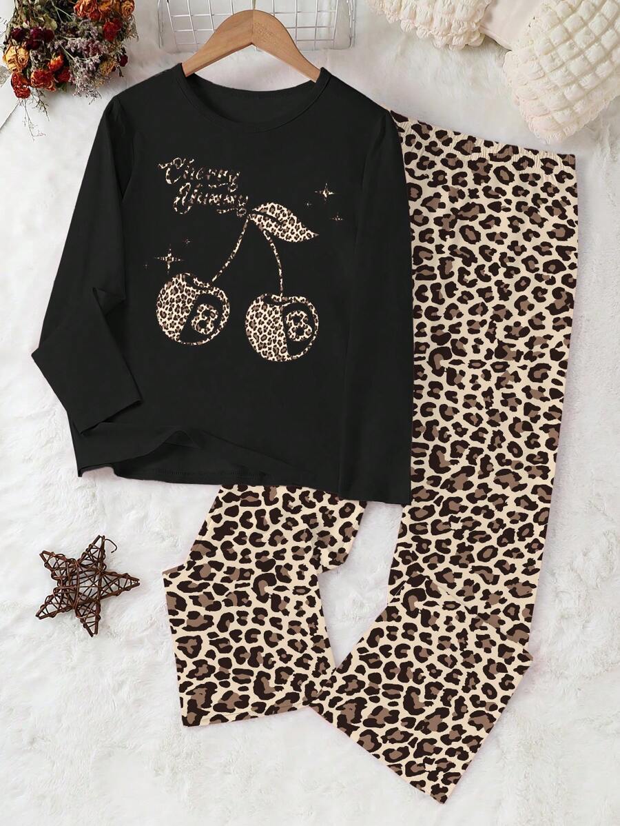 2pcs/Set Tween Girls Cherry Leopard Print Casual Comfy Long Sleeve Top & Pants Home Outfit - Black - View 1