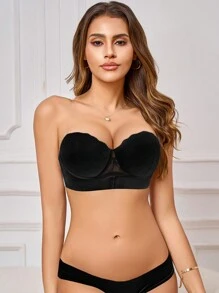 Strapless, Non-Slip Lace Underwire Front Closure Padded Push Up Bra, Single Pack With Invisible Shoulder Straps Included , Black Lingerie - Black - View 7
