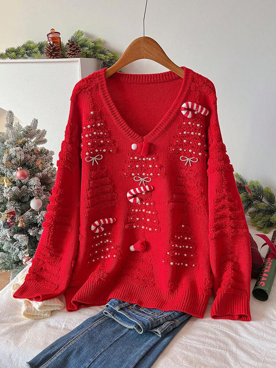 SHEIN Frenchy 大码女式圣诞精神针织毛衣，红色，温暖，舒适，时尚百搭，秋冬