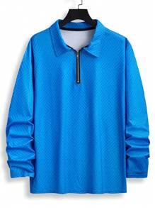 Manfinity Homme Men's Digital Print Zip Up Long Sleeve Polo Shirt,Blue Polo Shirt - Blue - View 3